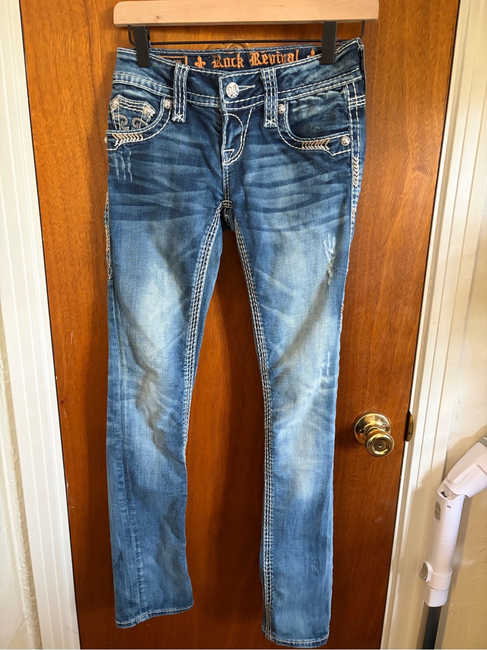 Rock Revival Women's Blue Faded Skinny Jeans with Embroidered Pockets